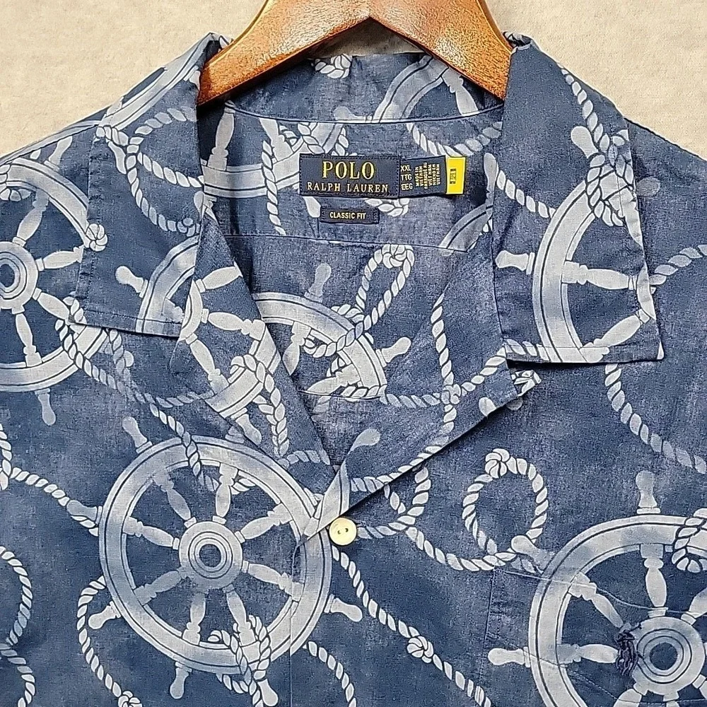 Polo Ralph Lauren Camp Shirt Mens XXL Classic Blue Nautical Ship Wheels Ropes SS